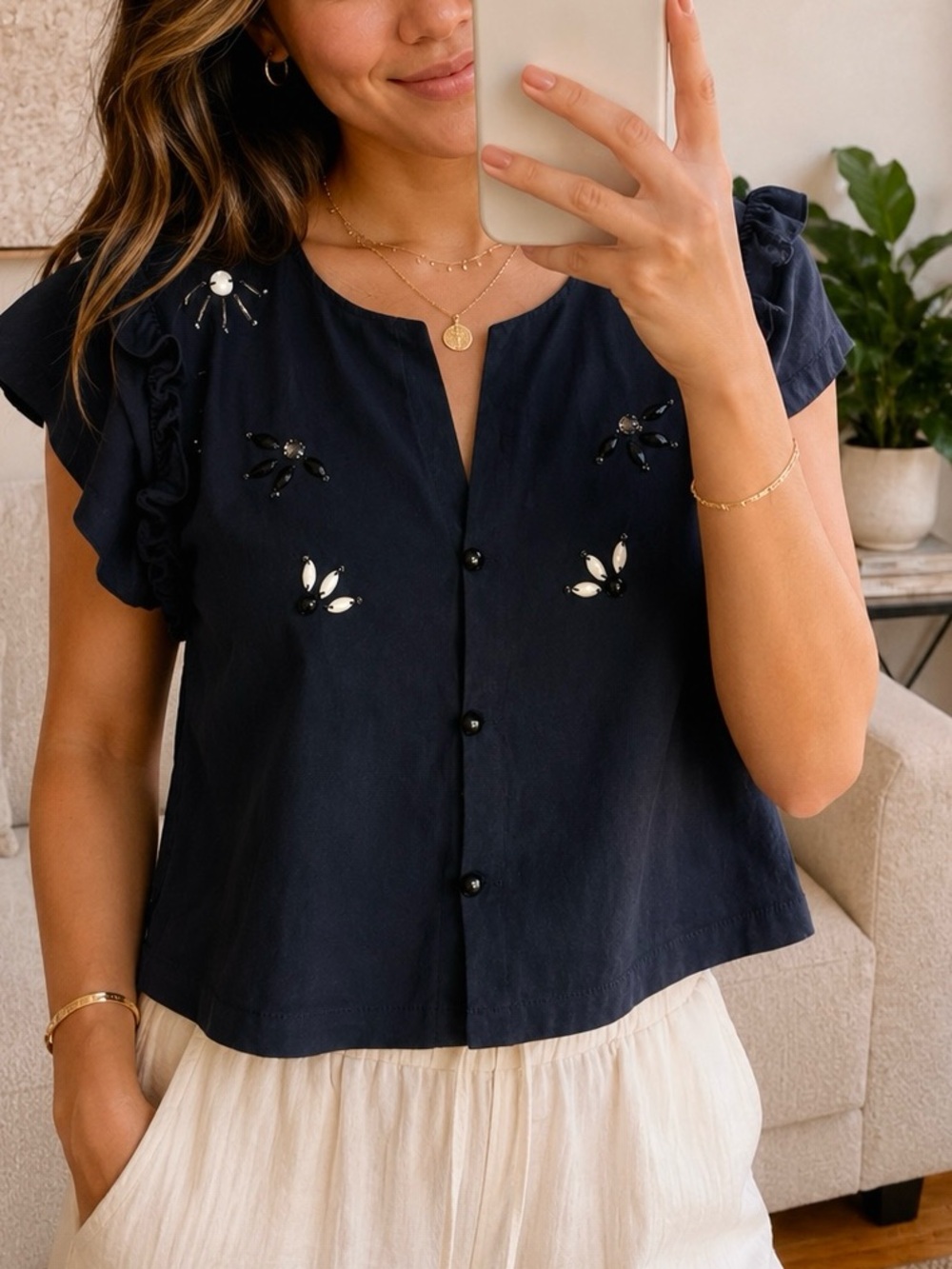 Zara Basic Top XS Black Faux Suede Beaded Ruffle Short Sleeve Coquette Blouse